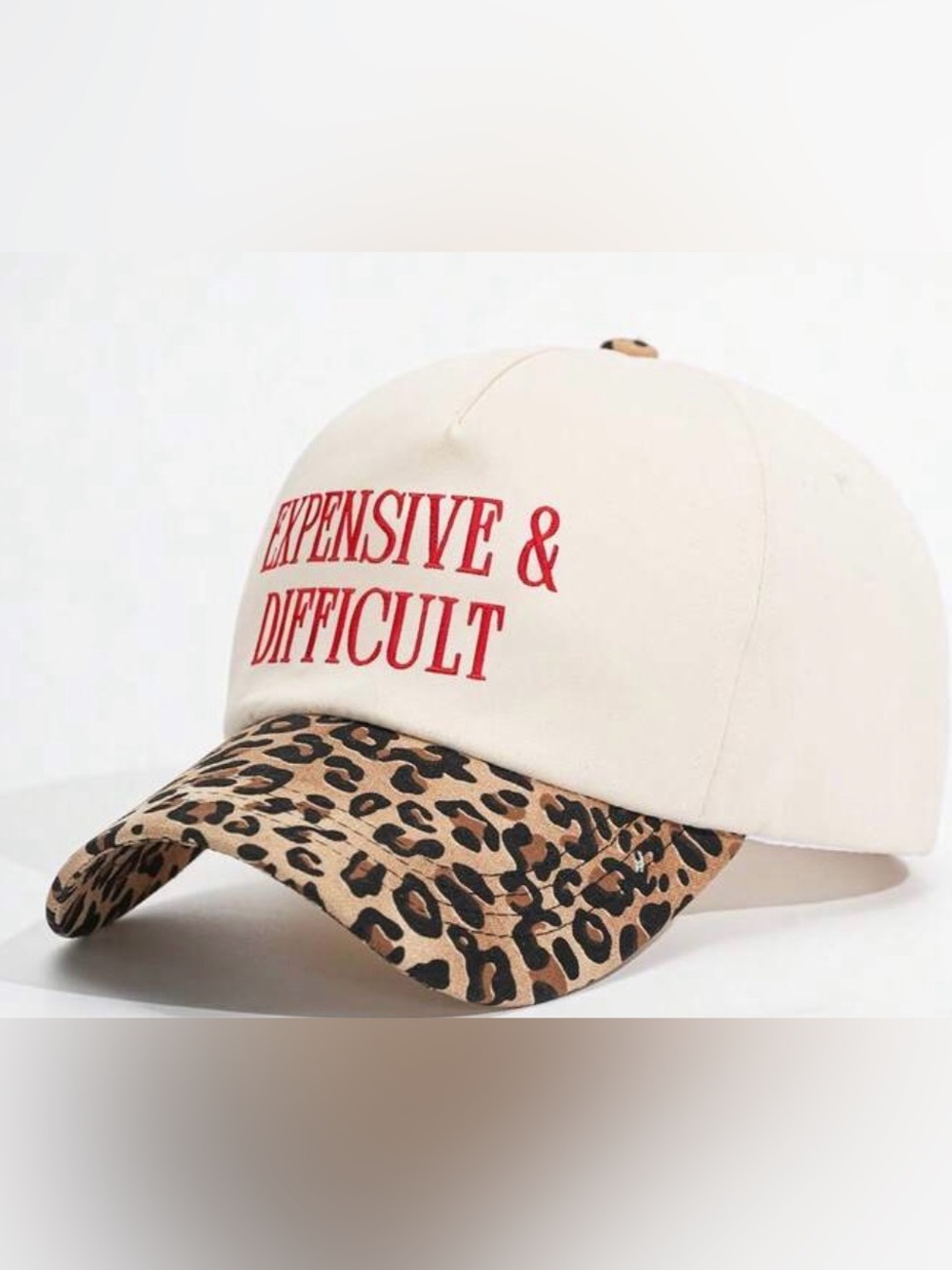 Cream and Leopard Baseball Cap with Red 'Expensive & Difficult' Text